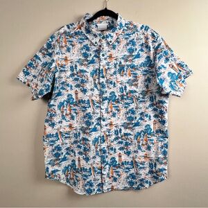 Columbia Regular Fit Men's Blue Orange White Patterned AOP Beach Shirt Medium